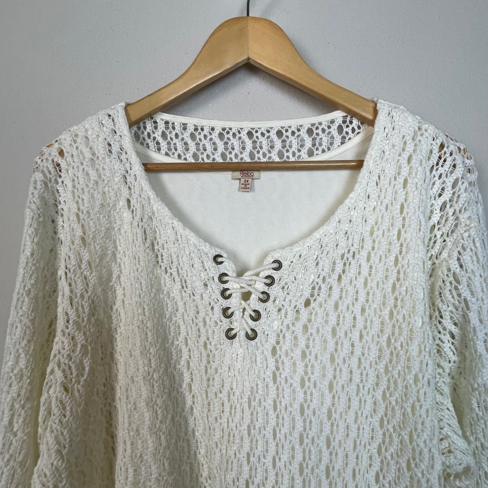 Reba Woman Crochet Tunic Top Cream‎ White Lace Up V Neck 3/4 Sleeve Plus Size 2X - Picture 2 of 9